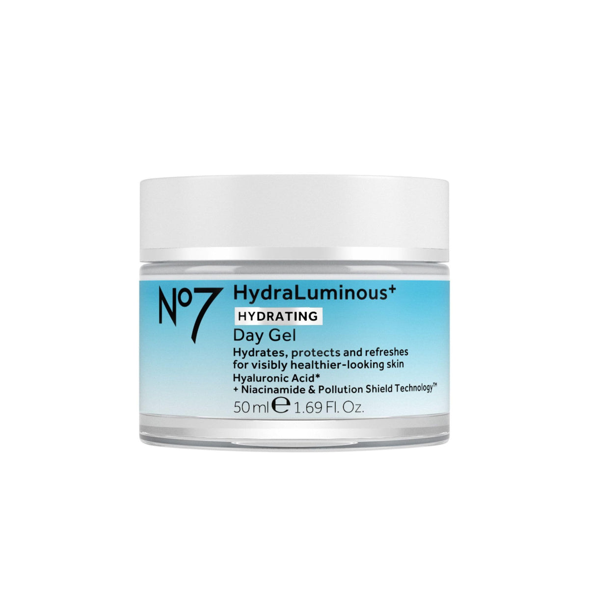 No7 HydraLuminous+ bottle front shows a lightweight gel for daily hydration.