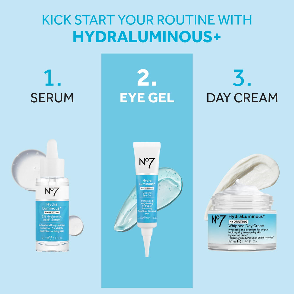 No7 HydraLuminous+ cooling eye gel with hyaluronic acid delivers multi-layer hydration.