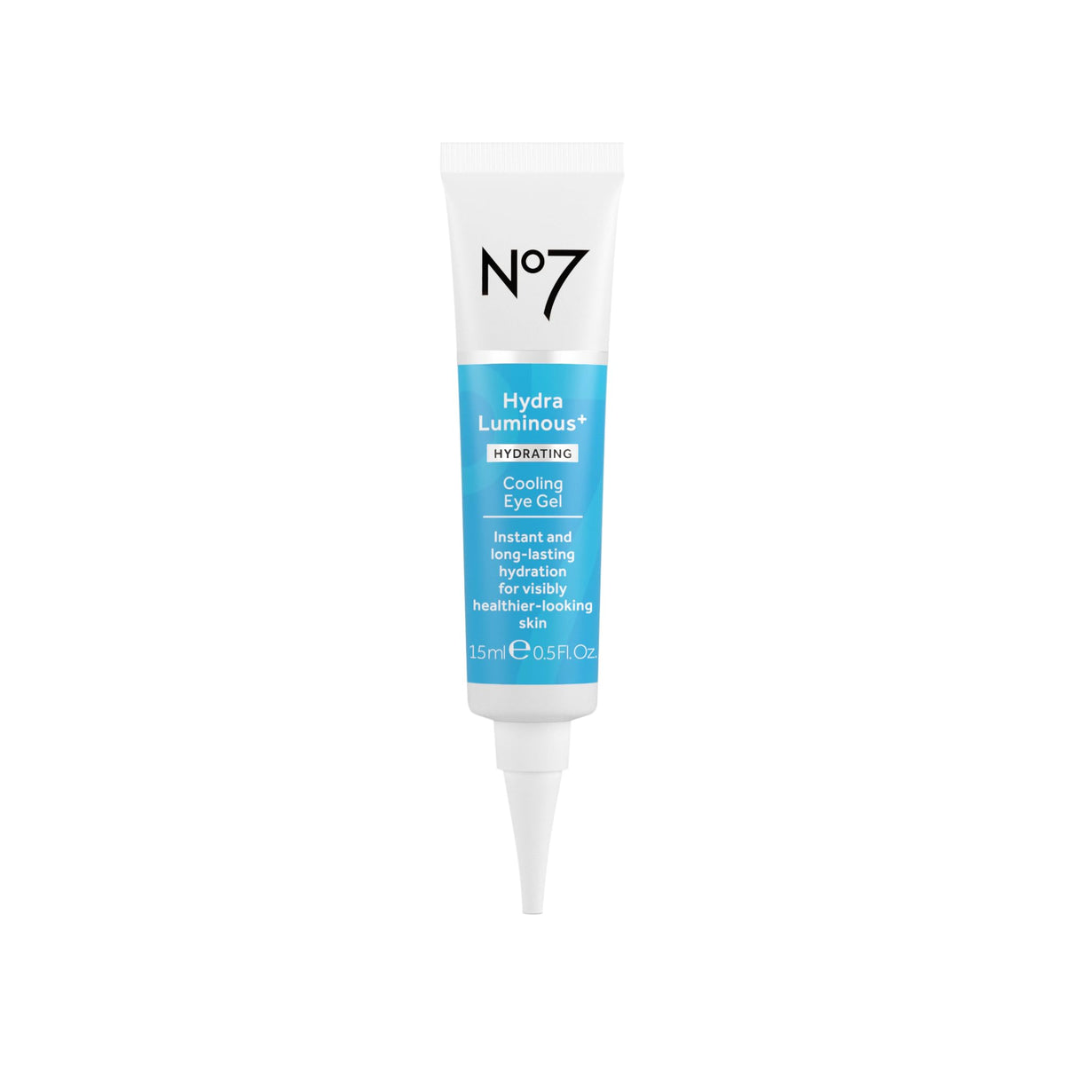 No7 HydraLuminous+ Cooling Eye Gel tube closeup showing refreshing hydration for tired eyes.