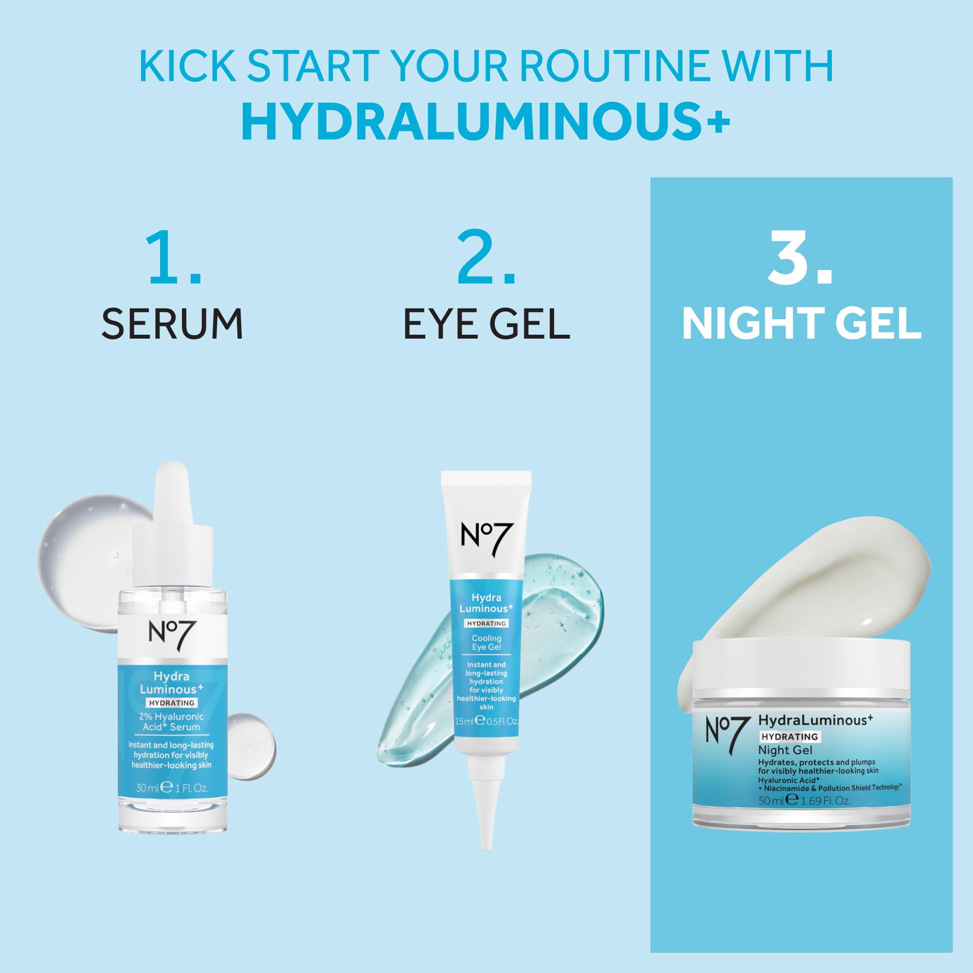 No7 HydraLuminous+ night gel application on face demonstrates a smooth, upward massage for hydration