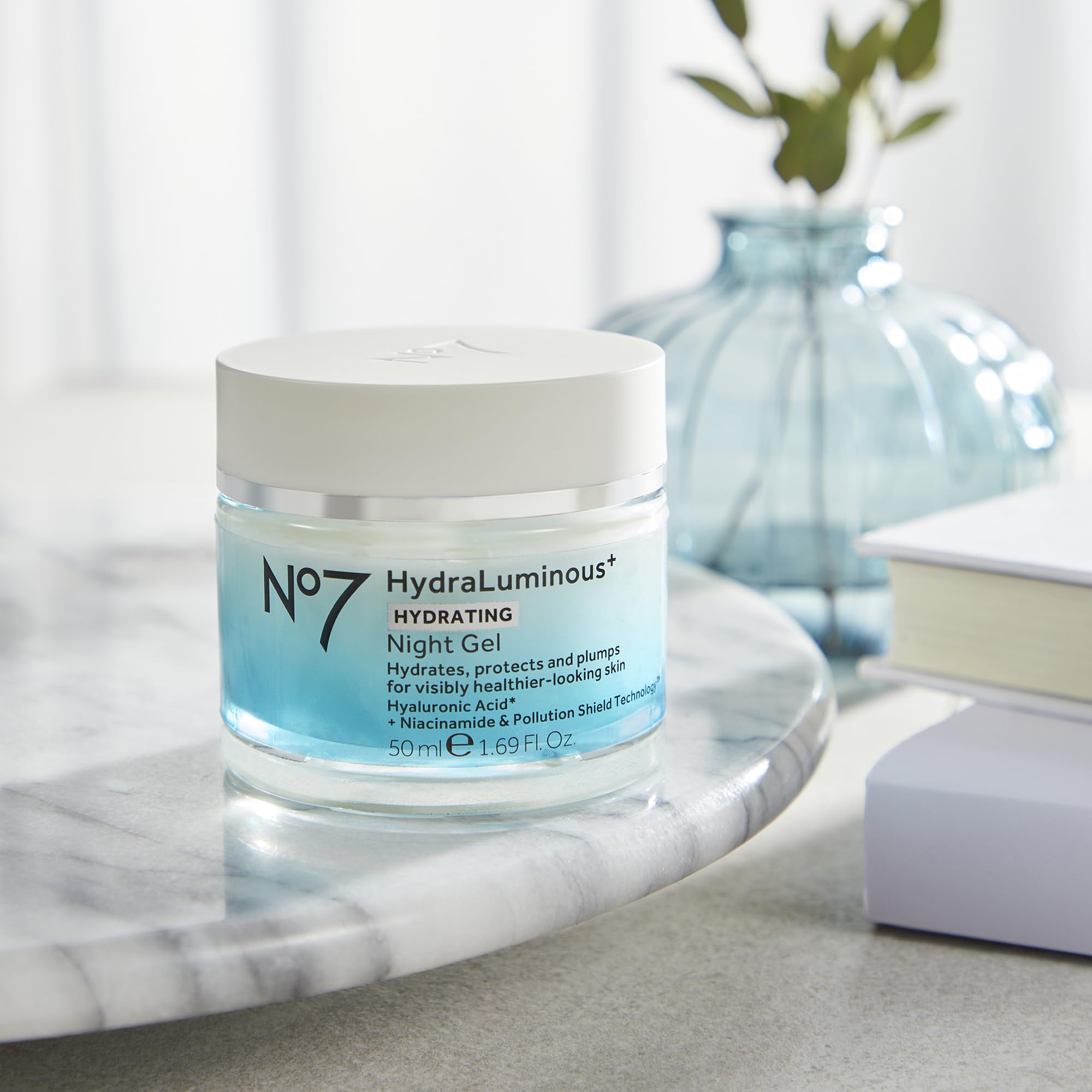 No7 HydraLuminous+ night gel near-neck placement suggests targeted nourishment during bedtime