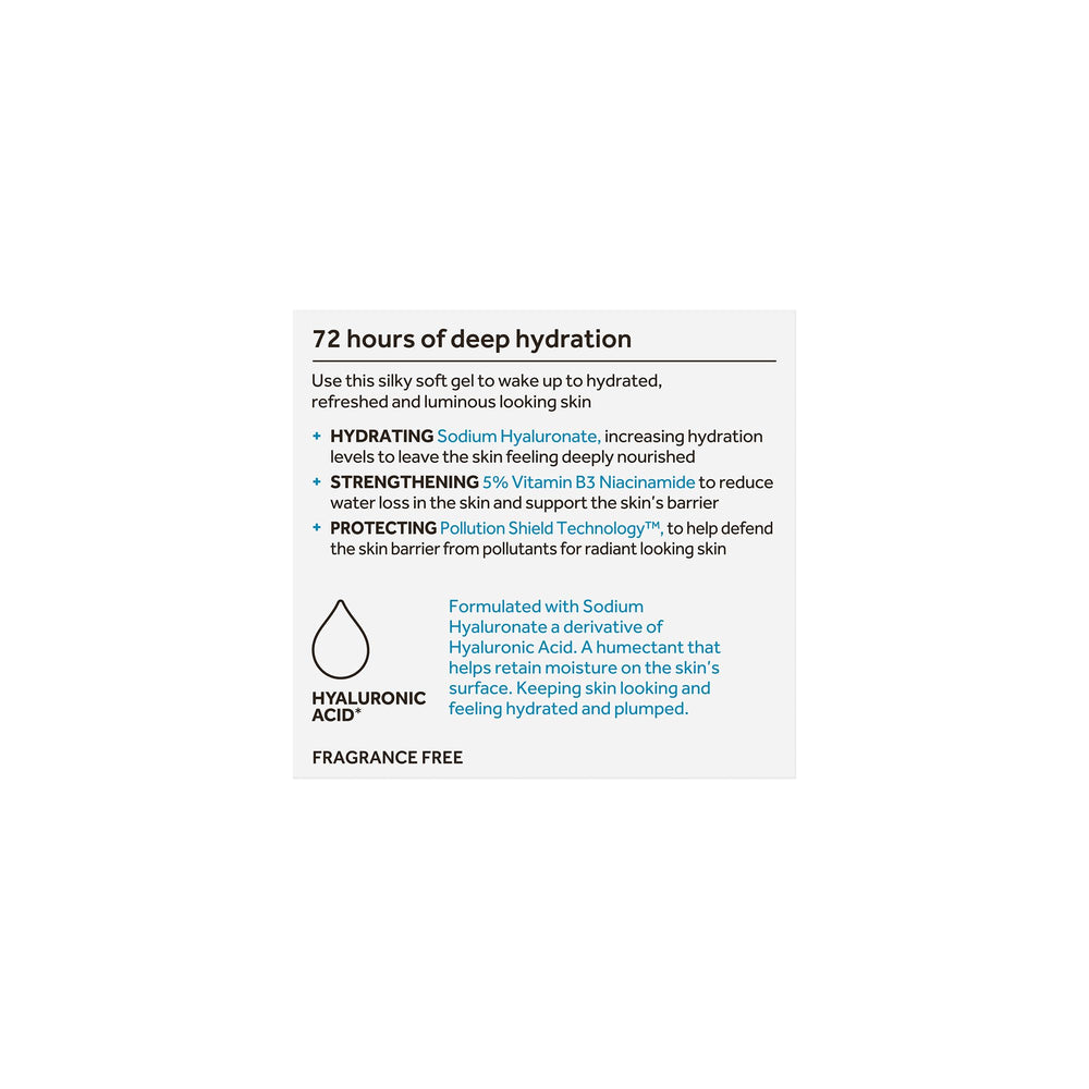 No7 HydraLuminous+ night gel ingredient shot shows hyaluronic acid and niacinamide for moisture support