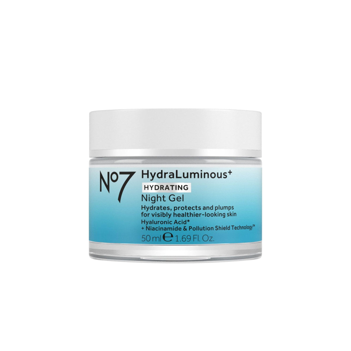 No7 HydraLuminous+ night gel packaging showcases a hydration-ready display for your nightly routine