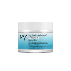 No7 HydraLuminous+ night gel packaging showcases a hydration-ready display for your nightly routine