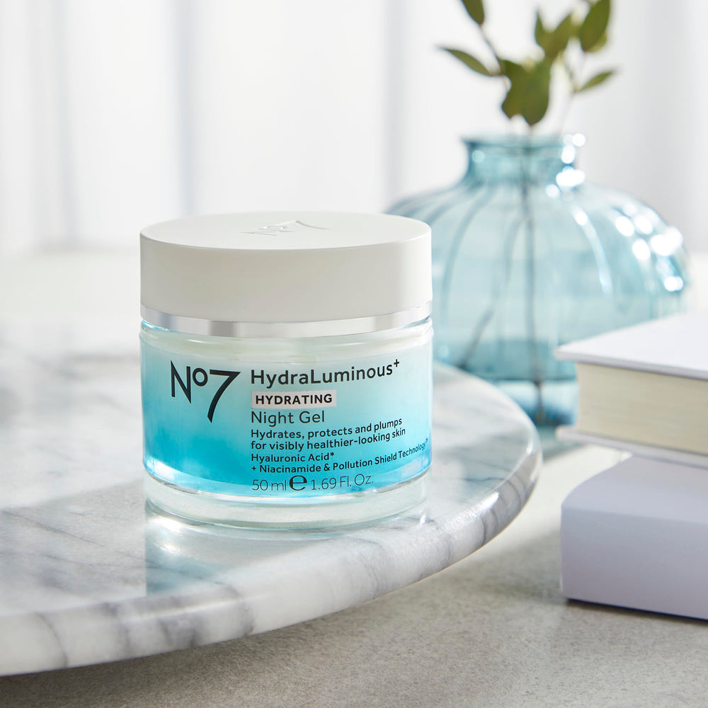 No7 HydraLuminous+ night gel pump highlights convenient dispensing.