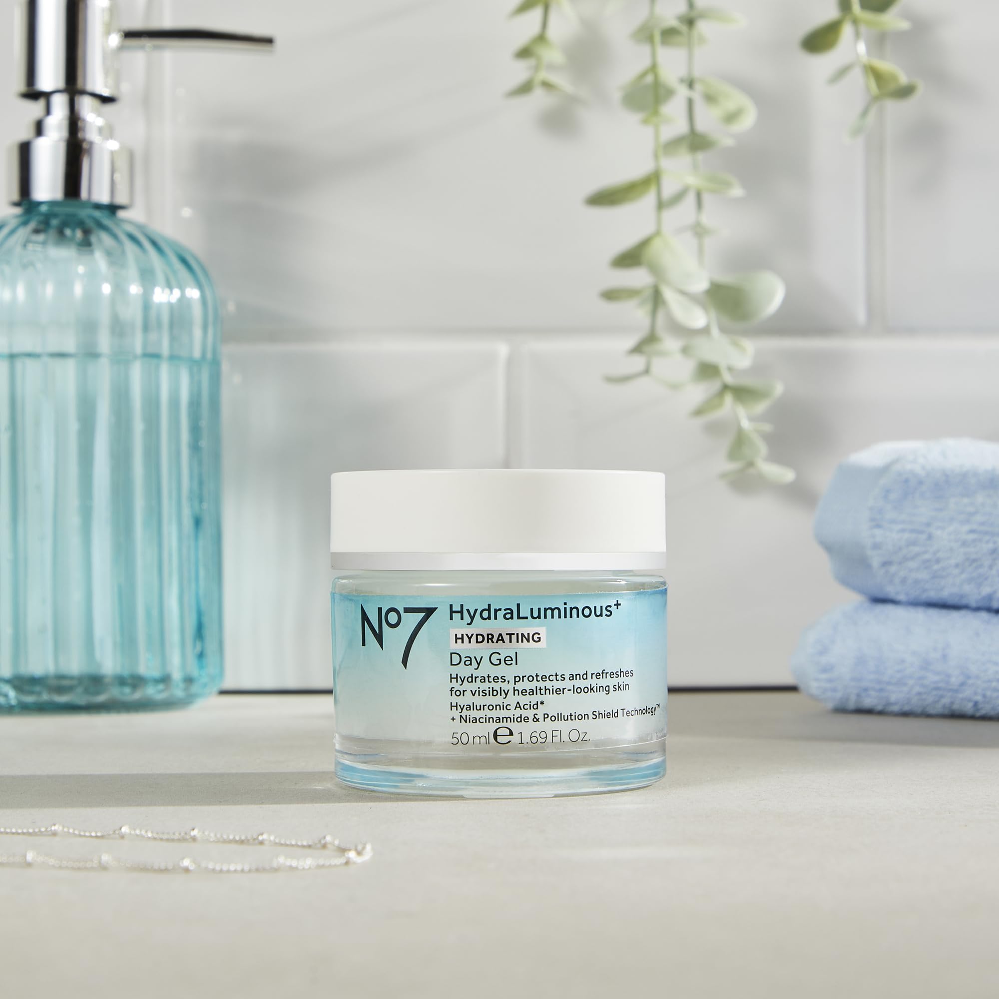 No7 HydraLuminous+ pollution shield visual suggests environmental protection for radiant skin.