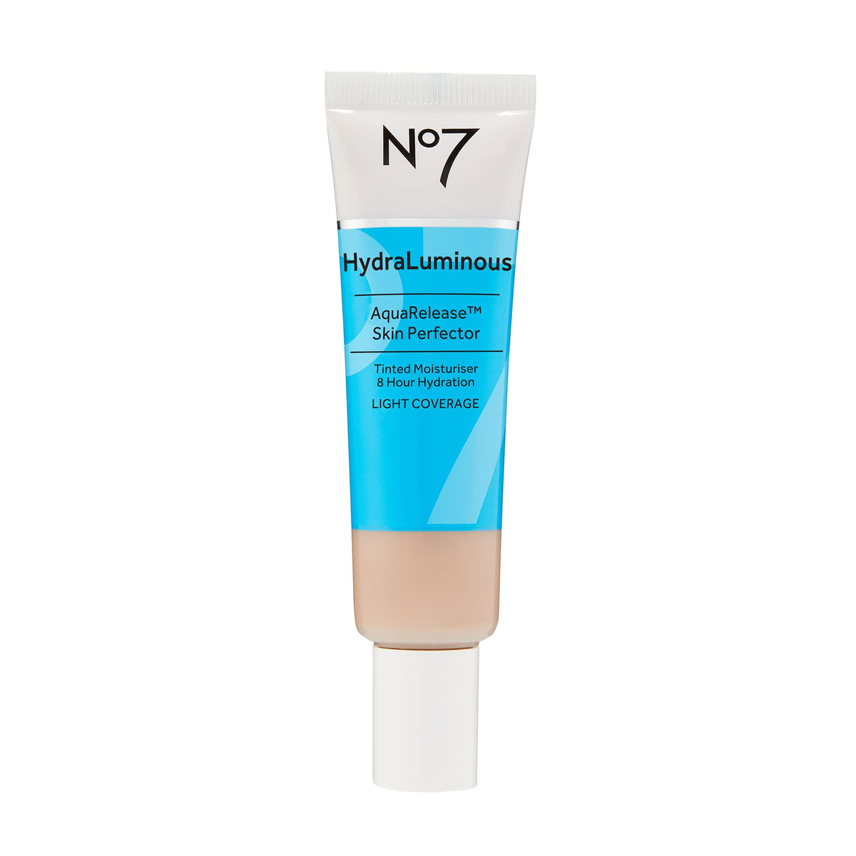 No7 HydraLuminous Skin Tint AquaRelease bottle showing long-lasting hydration for dewy skin