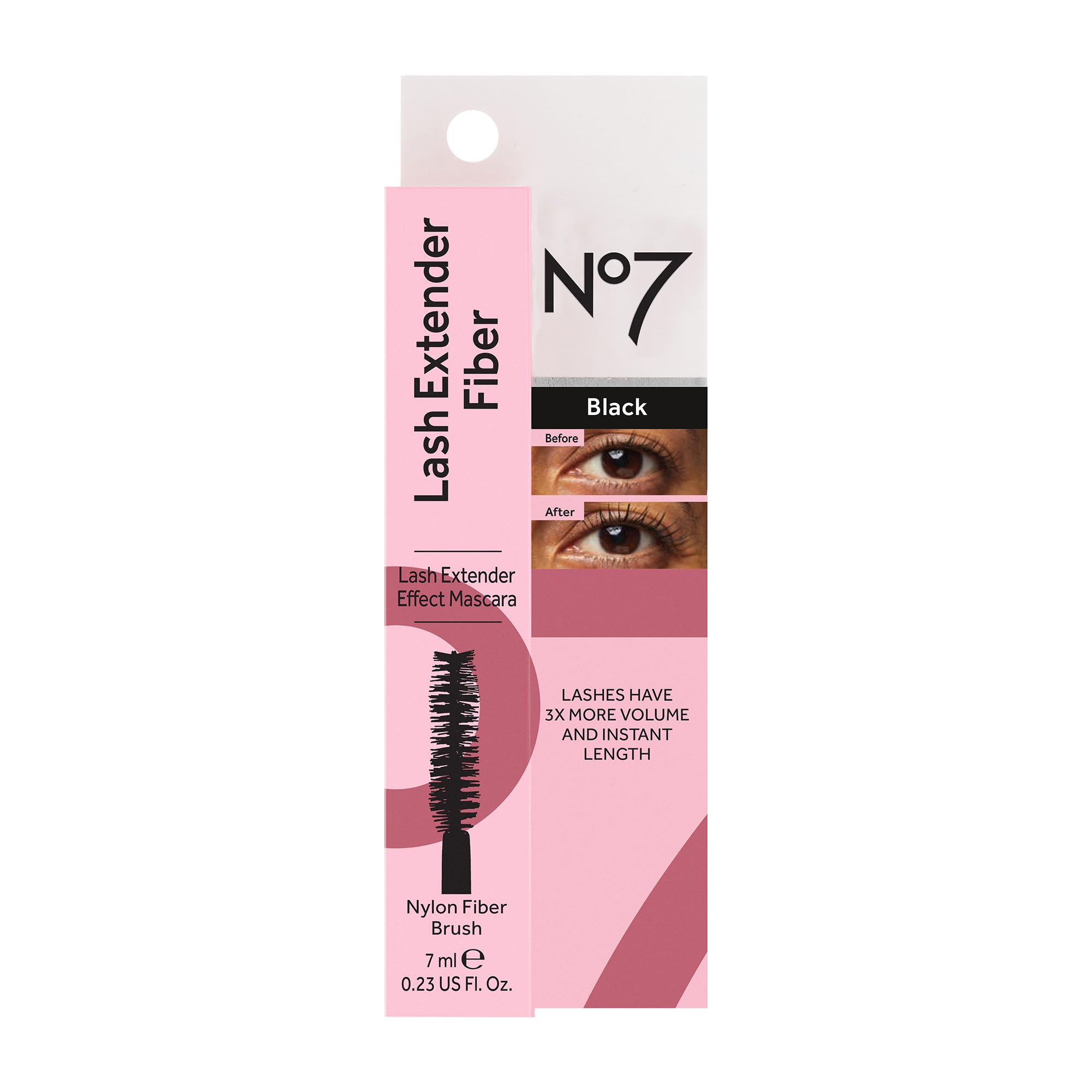 No7 Lash Extender Fiber Mascara application scene highlights density and curl without clumps.