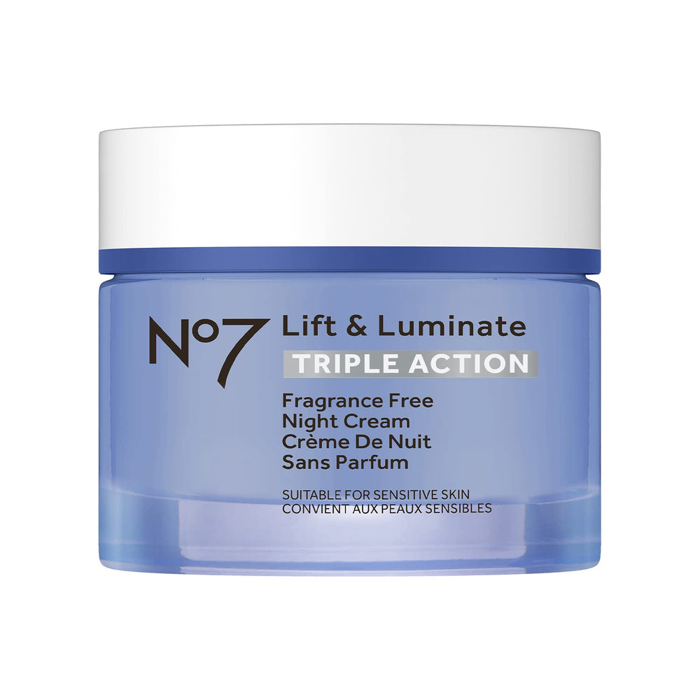 No7 Lift and Luminate night cream jar shows rich texture for overnight radiance and firming.
