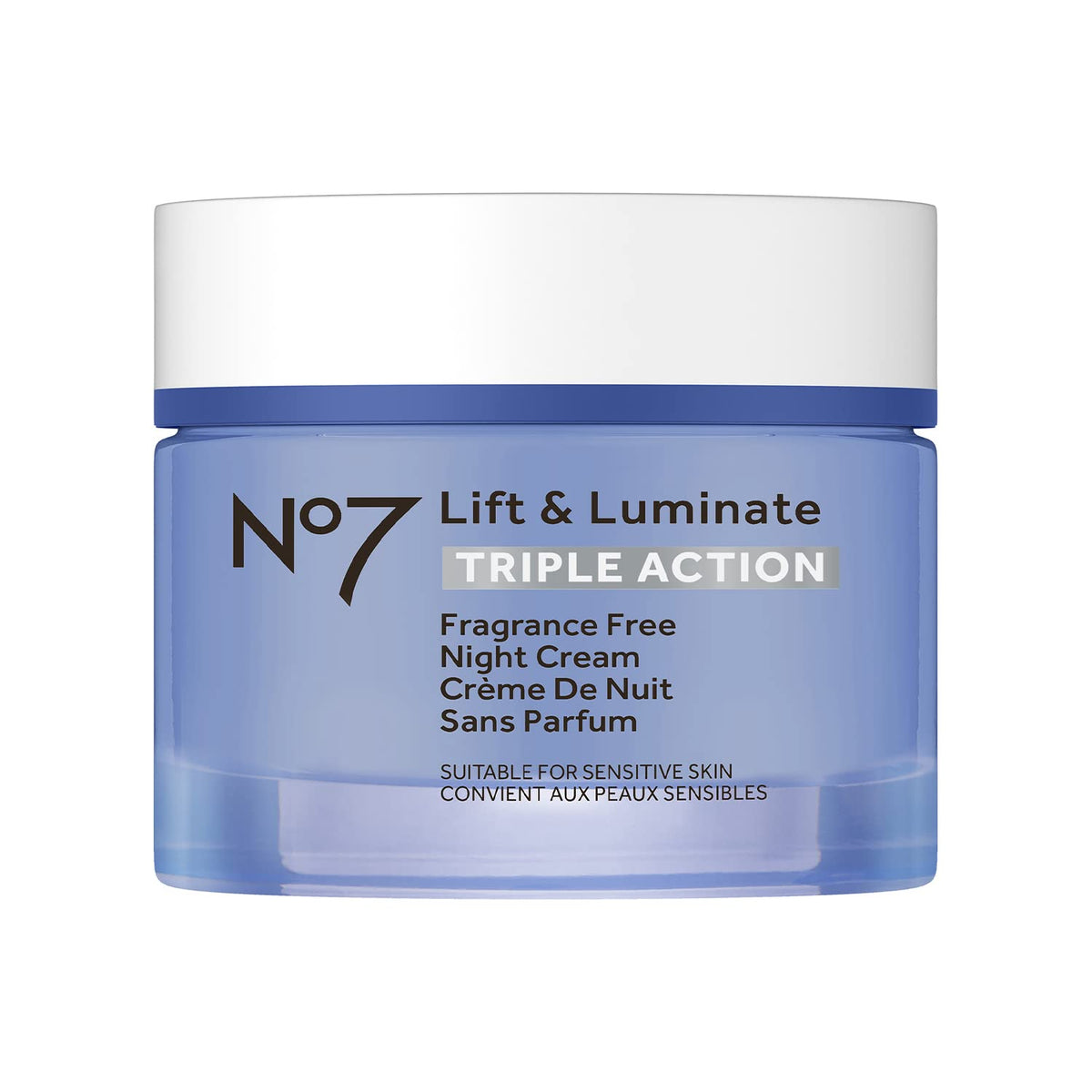 No7 Lift and Luminate night cream jar shows rich texture for overnight radiance and firming.