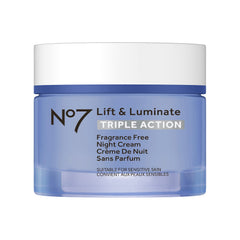 No7 Lift and Luminate night cream jar shows rich texture for overnight radiance and firming.