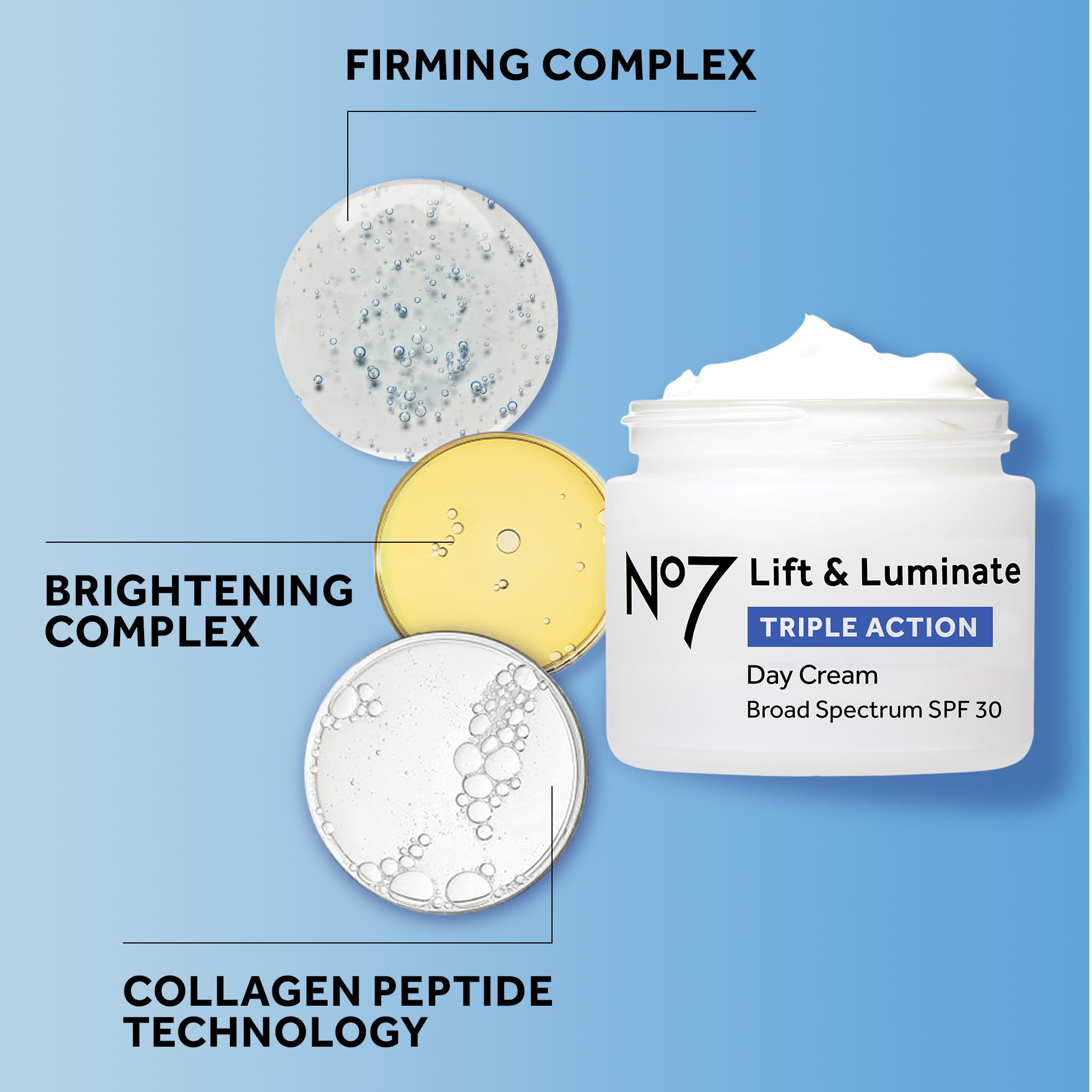 No7 Lift & Luminate jar emphasizes emblica fruit extract for brightening.