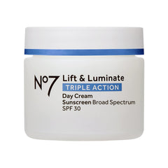 No7 Lift & Luminate day cream jar front showing premium packaging and radiance potential.