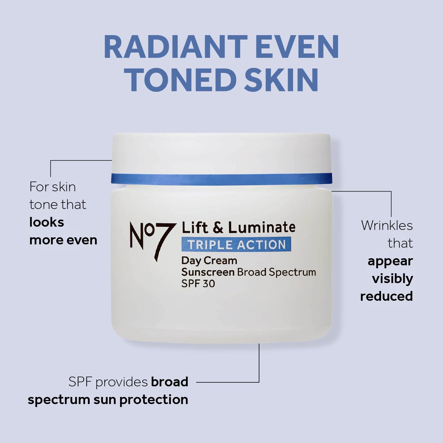 No7 Lift & Luminate label close-up highlighting SPF 30 protection.