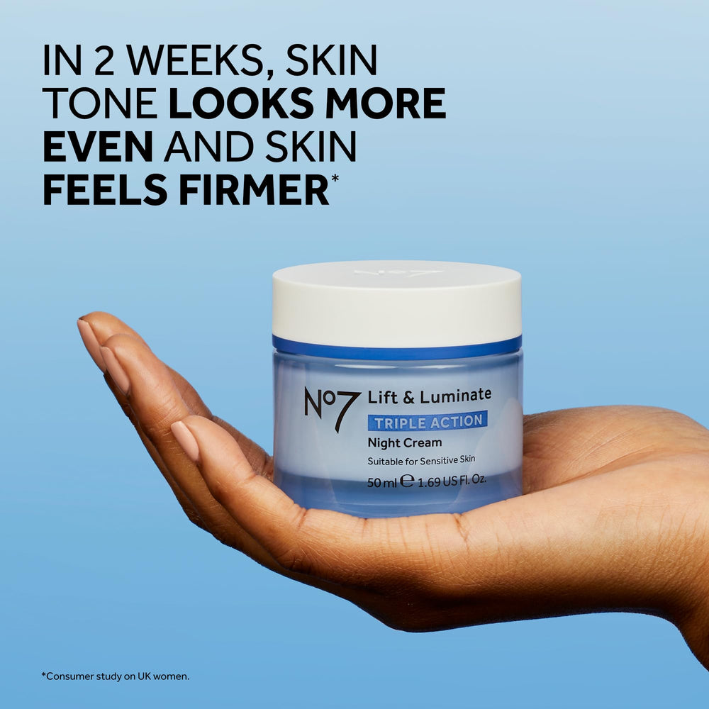 No7 Lift & Luminate packaging features hibiscus and emblica extract for skin vitality.