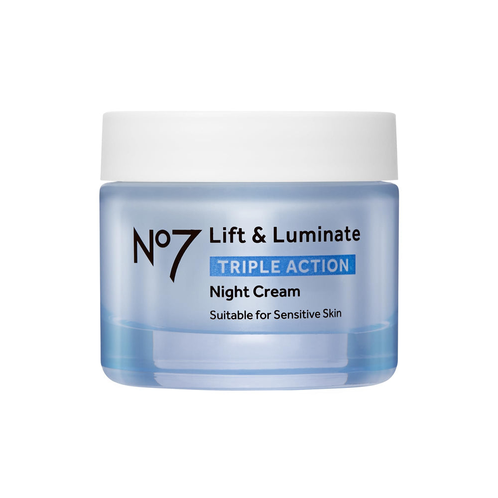 No7 Lift & Luminate night cream jar closeup for radiant glow potential.