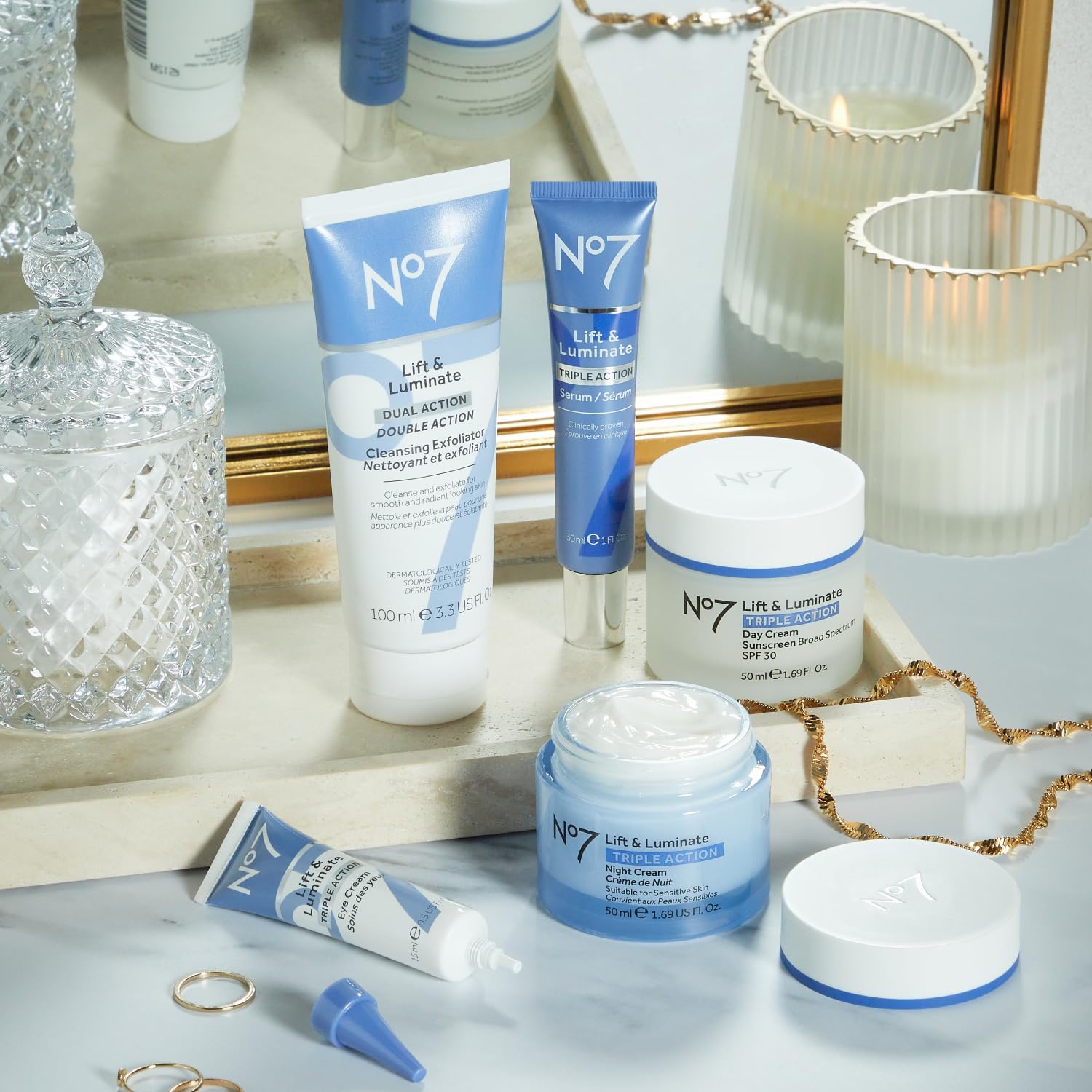 No7 Lift & Luminate night cream with collagen peptides for overnight renewal