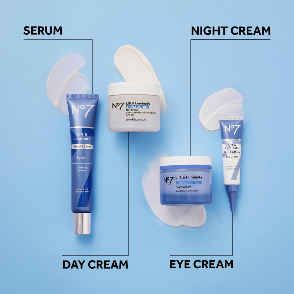 No7 Lift & Luminate packaging on vanity with soft light evokes luxury skincare.