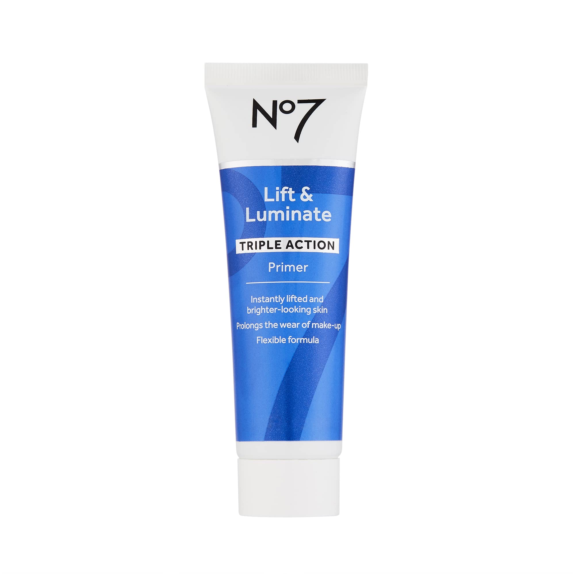 No7 Lift & Luminate Primer bottle close-up highlights hydrating base for makeup