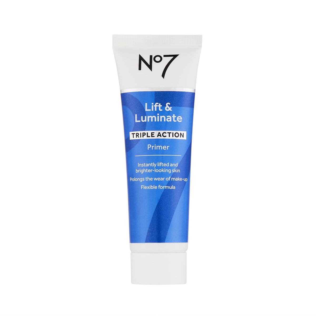 No7 Lift & Luminate Primer bottle close-up highlights hydrating base for makeup