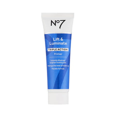No7 Lift & Luminate Primer bottle close-up highlights hydrating base for makeup