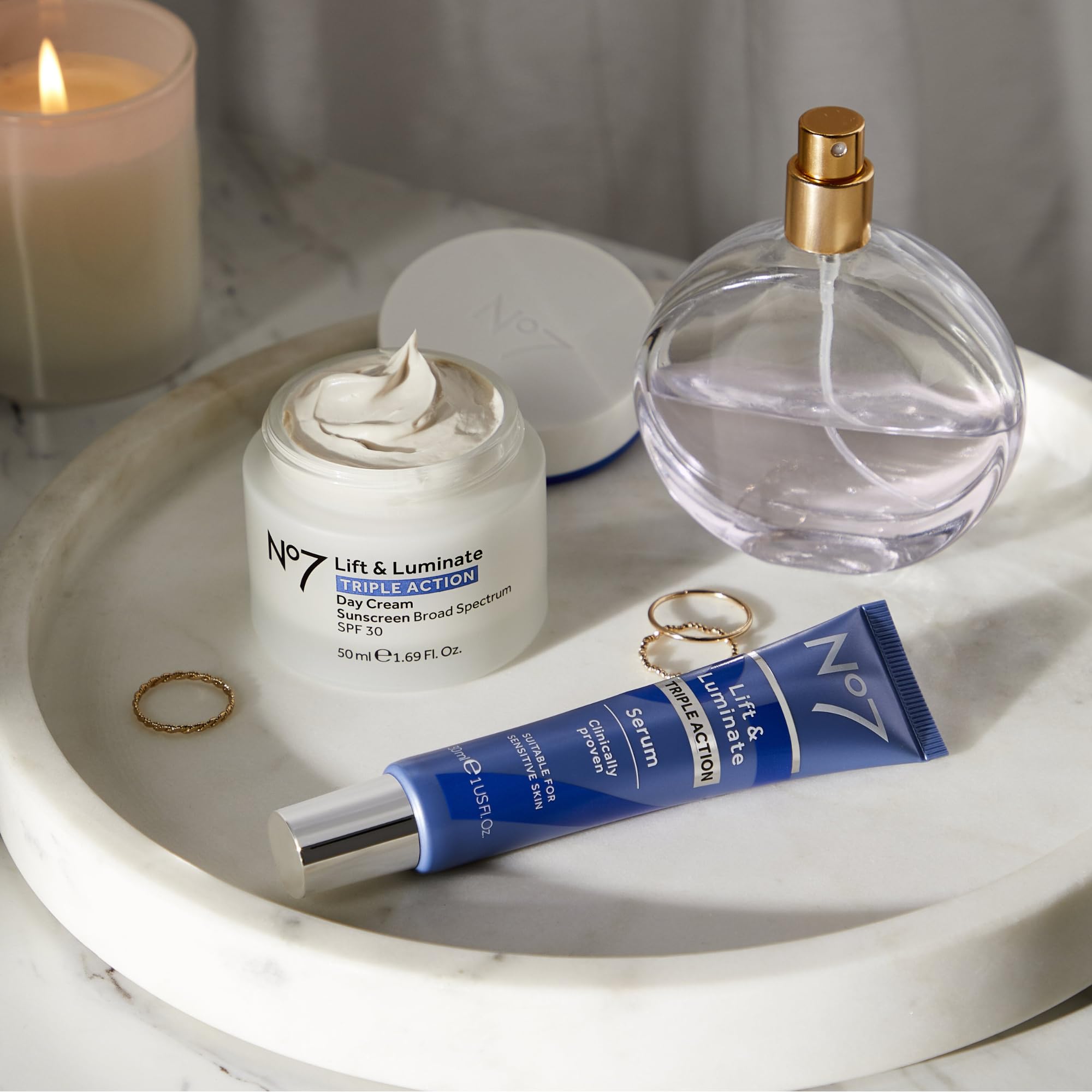 No7 Lift and Luminate 50ml bottle in product shot emphasizing hydration.