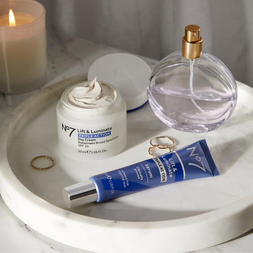 No7 Lift and Luminate 50ml bottle in product shot emphasizing hydration.