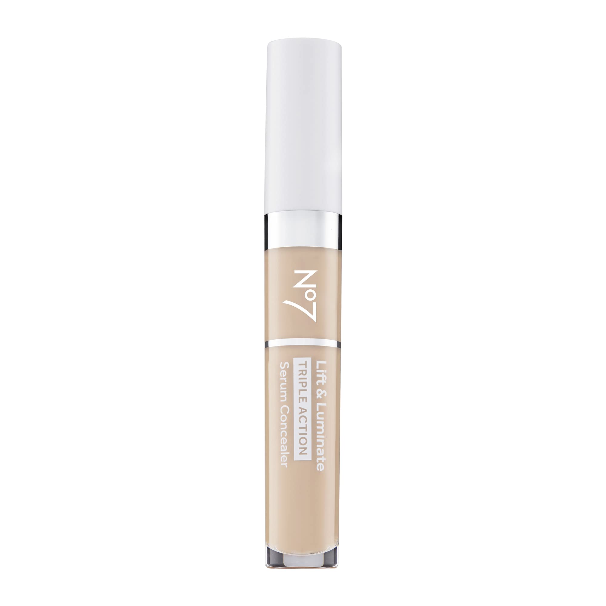 No7 Lift & Luminate serum concealer bottle highlighting brightening and anti-aging action for skin.