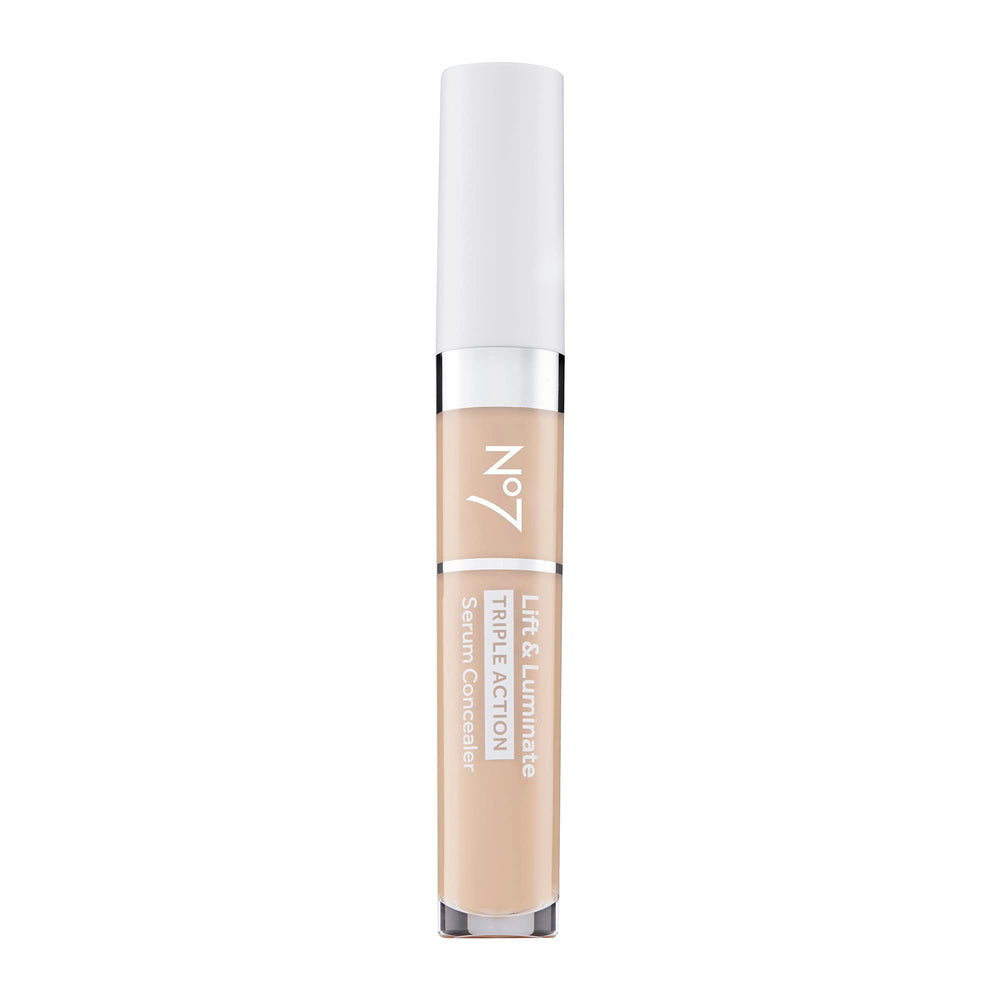 No7 Lift & Luminate serum concealer bottle highlighting brightening and anti-aging action for skin.