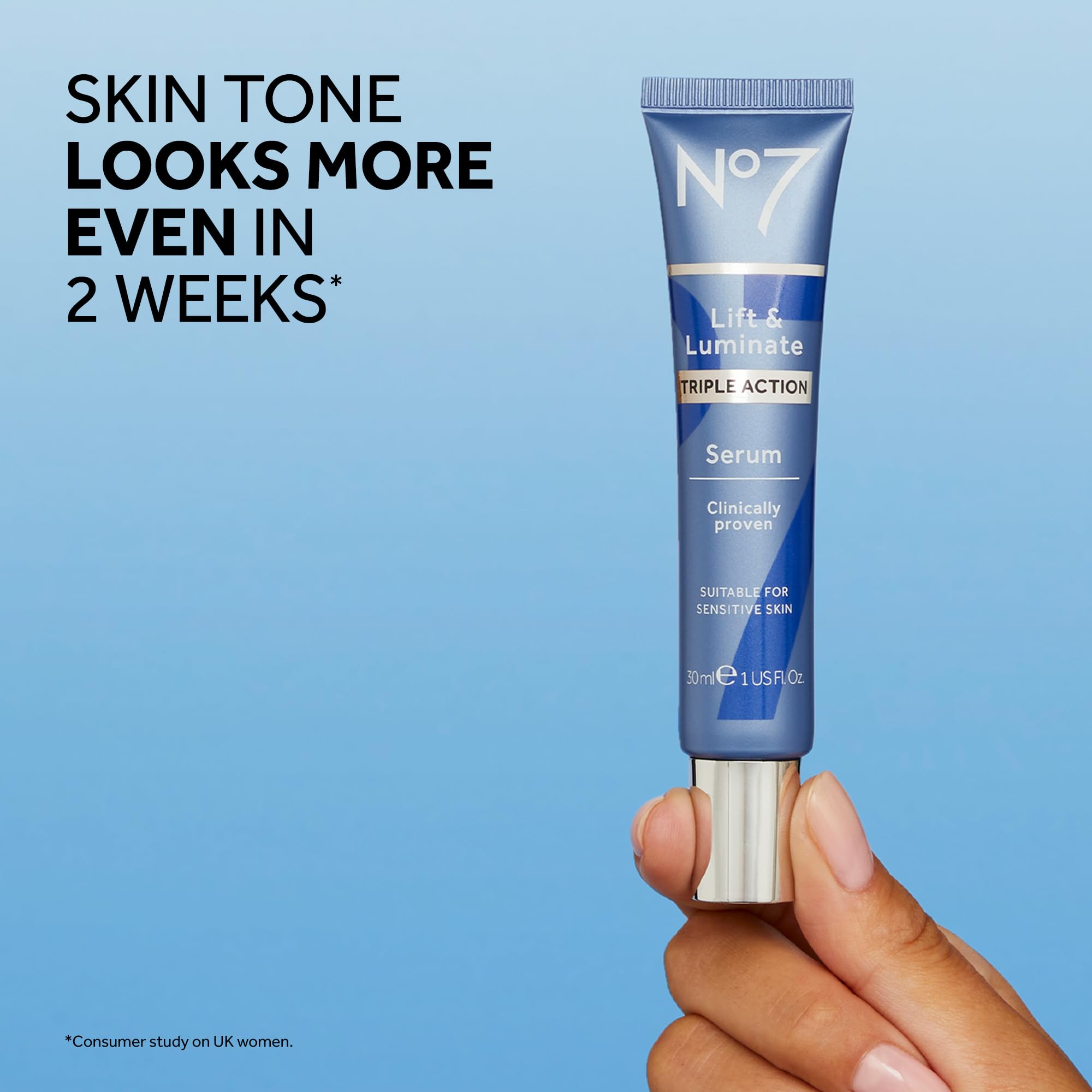No7 Lift and Luminate serum with Emblica and Vitamin C promotes brightening.