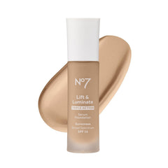 No7 Lift & Luminate serum foundation bottle close-up showing dewy radiance for mature skin.