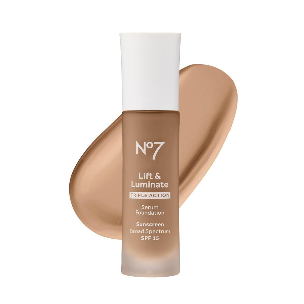 No7 Lift & Luminate Serum Foundation bottle demonstrates a dewy radiant base.