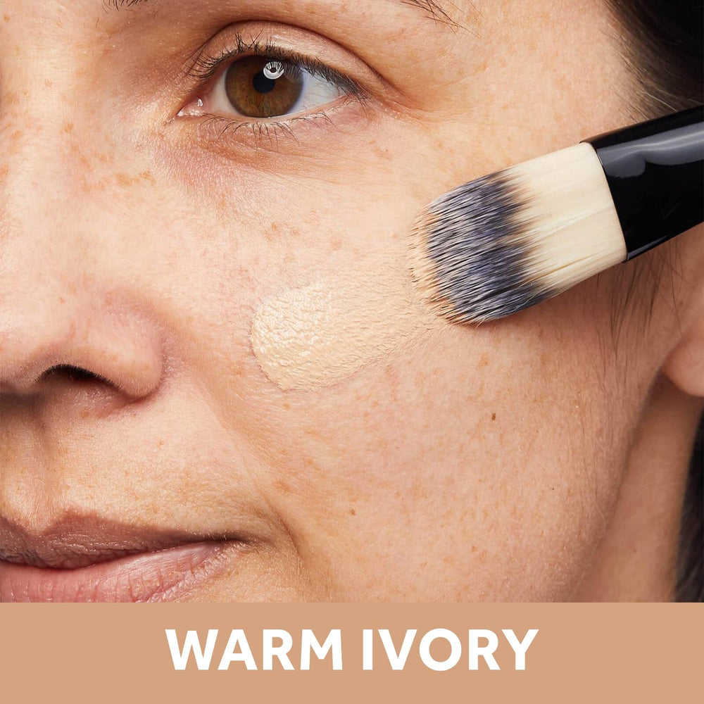 No7 Lift & Luminate Warm Ivory swatch on skin demonstrates blendable, radiant finish.