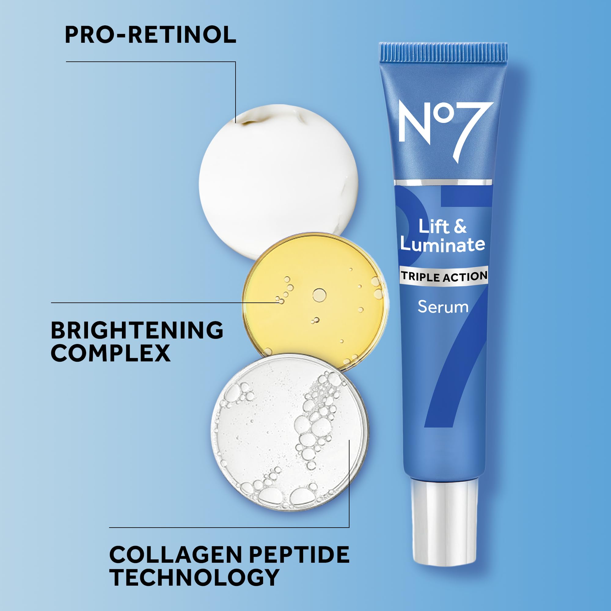 No7 Lift and Luminate displaying hyaluronic acid and hibiscus firming complex.