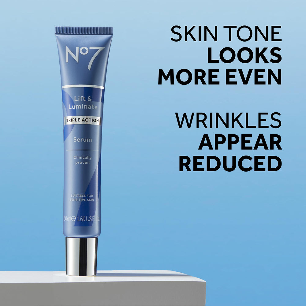No7 Lift and Luminate serum pump-dispense showcasing controlled, hygienic application.
