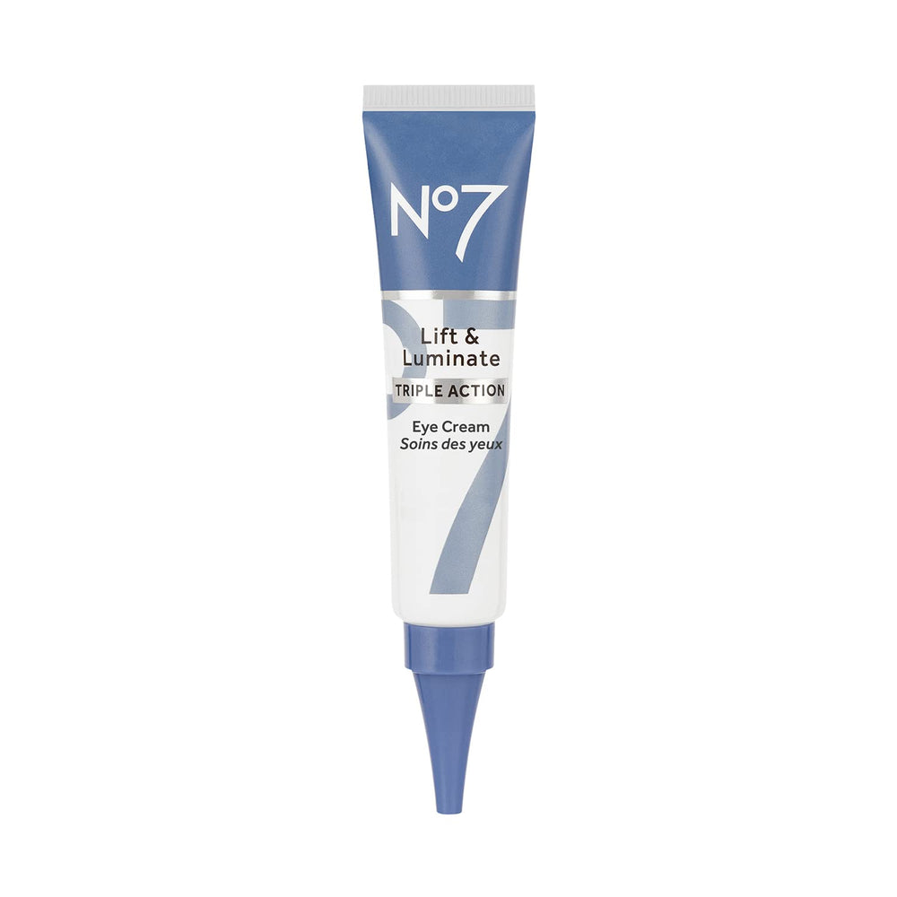 No7 Lift & Luminate under-eye cream bottle shown for targeted puffiness care.