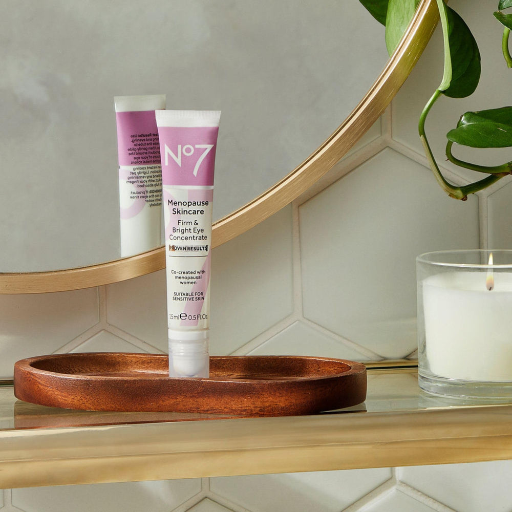 No7 Menopause Eye Concentrate roller applied to the eye area for a refreshed look.