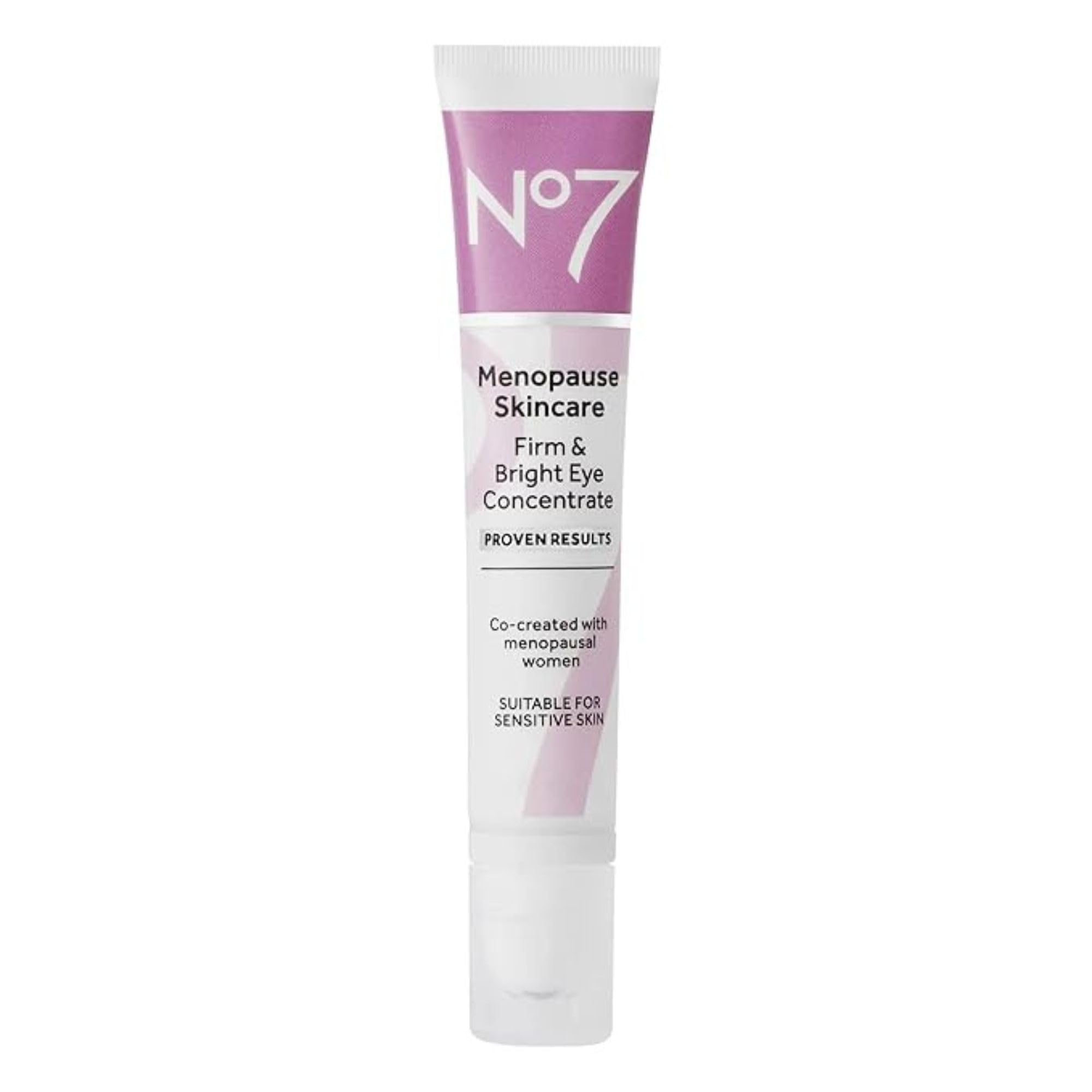 No7 Menopause Eye Concentrate roller application close-up for cooling hydration and depuffing.