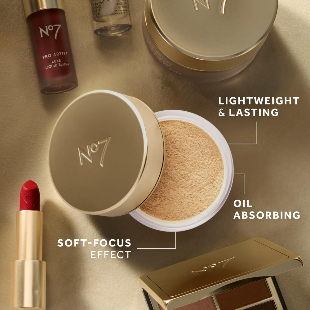 No7 Pro Artist loose setting powder application with brush delivers easy touch-ups and even finish.