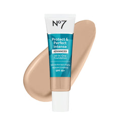 No7 Protect & Perfect Advanced Foundation Calico bottle close-up showing true-skin shade matching