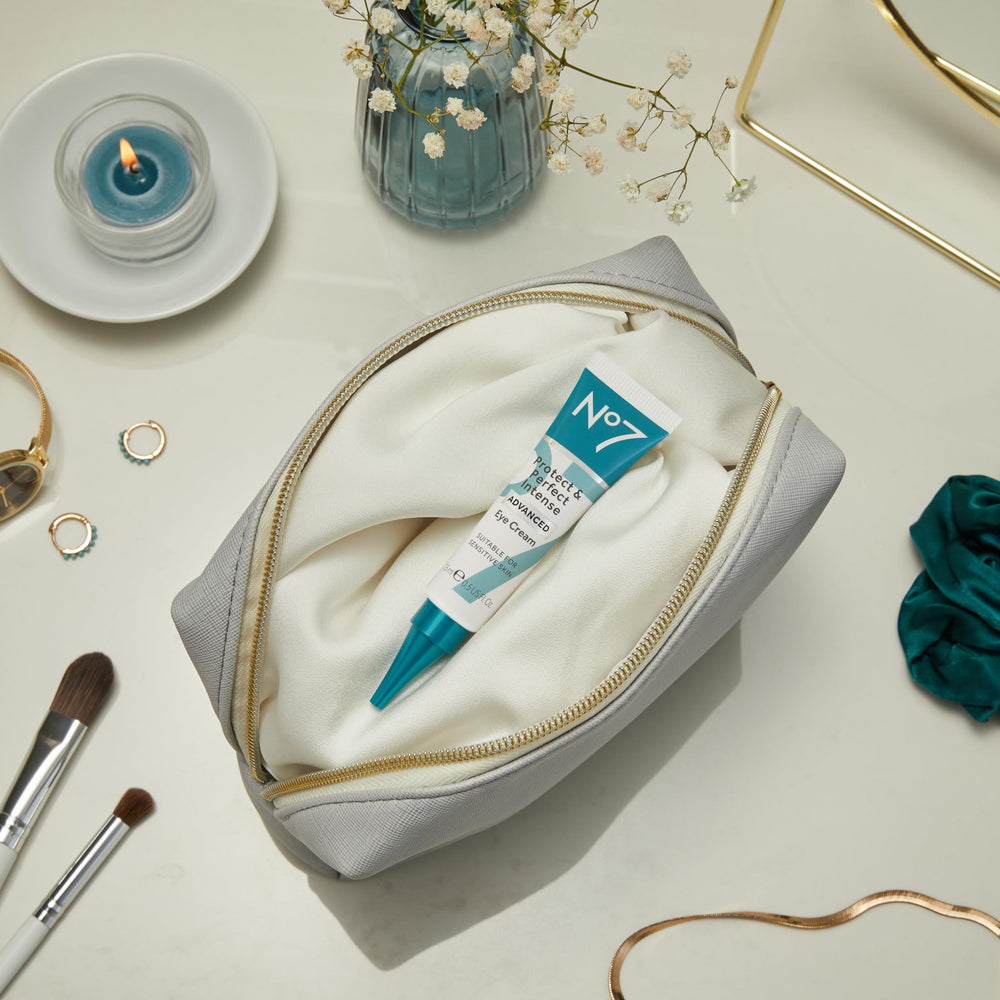No7 Protect & Perfect Eye Cream texture closeup with hyaluronic acid and shea butter for hydration.