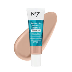 No7 Protect & Perfect foundation bottle in Cool Vanilla showing hydration and SPF 50 benefits