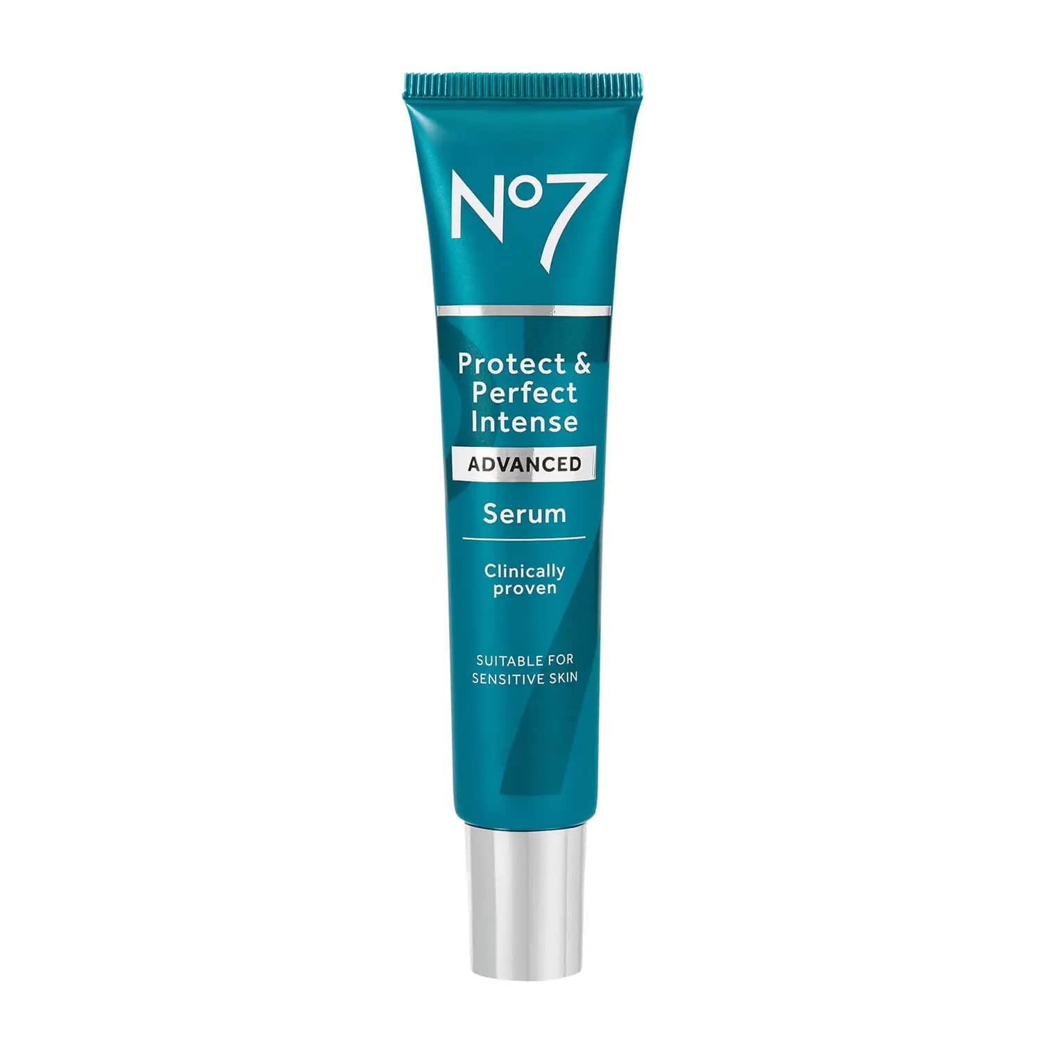 No7 Protect & Perfect Intense Serum bottle close-up highlighting hydrating anti-age benefits.