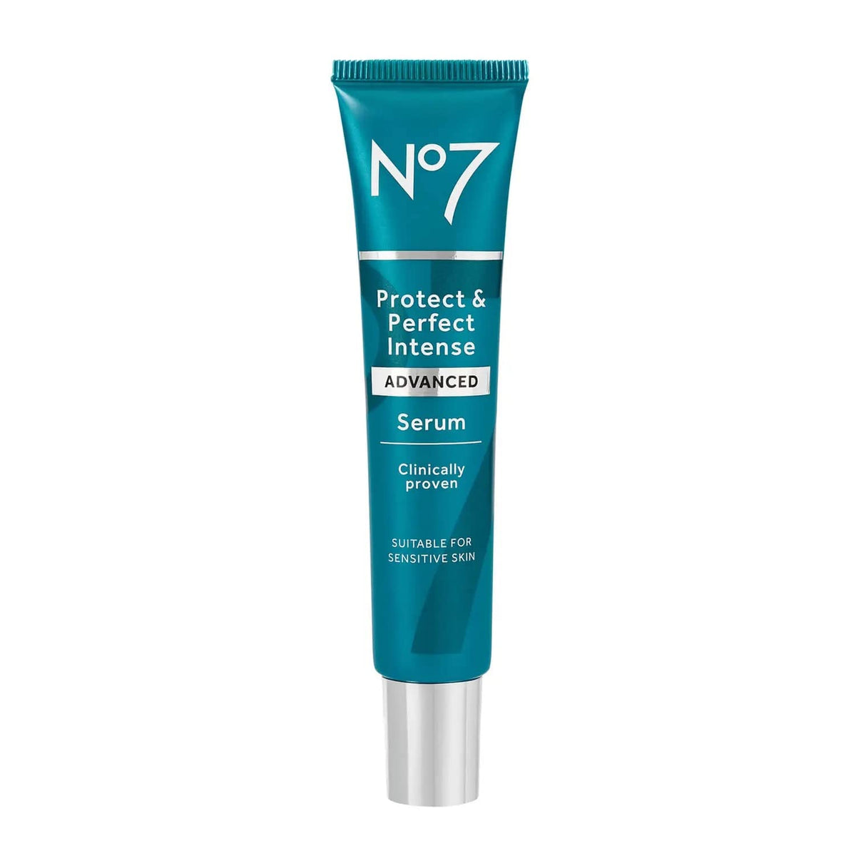 No7 Protect & Perfect Intense Serum bottle close-up highlighting hydrating anti-age benefits.