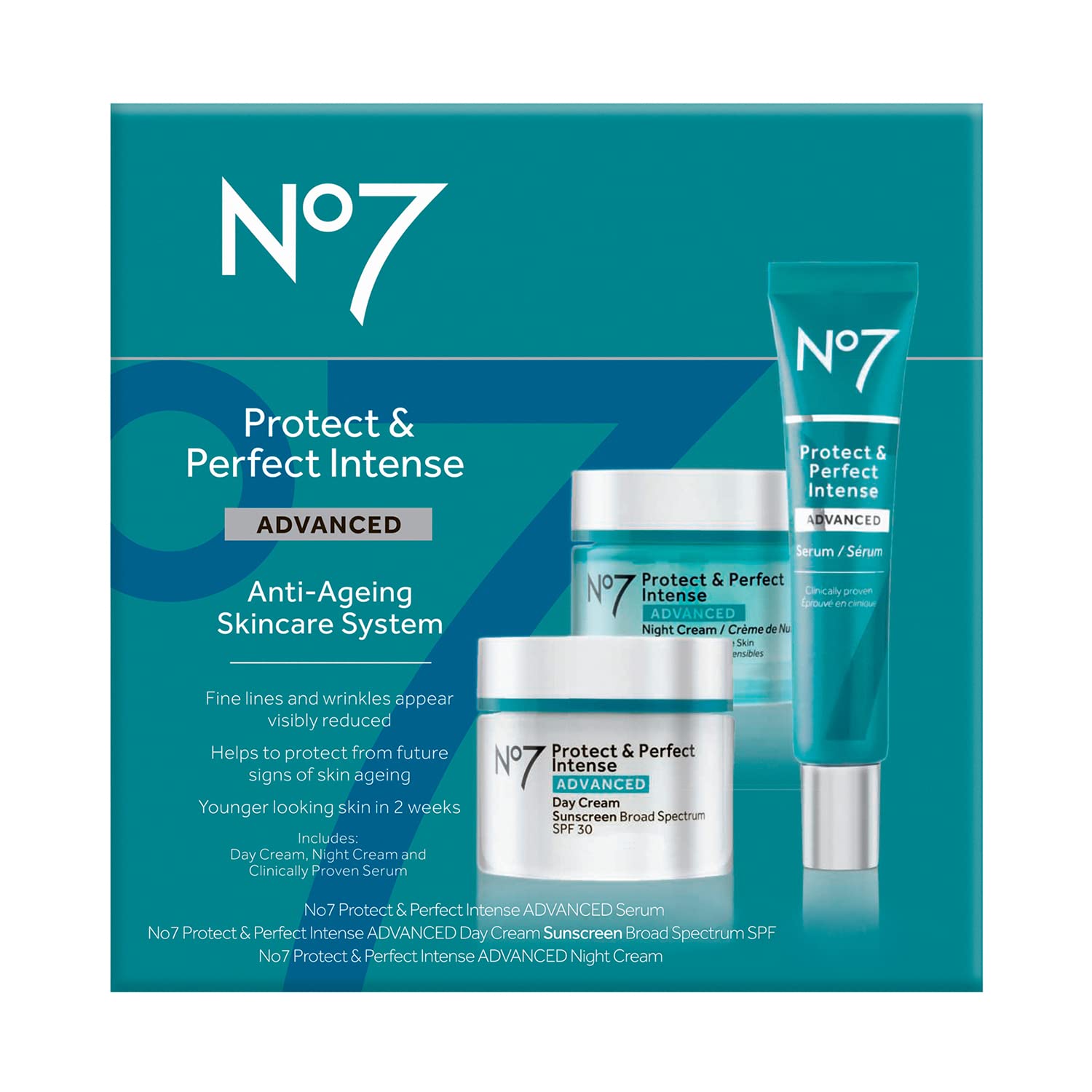 No7 Protect & Perfect kit front view showcases all three skincare steps.
