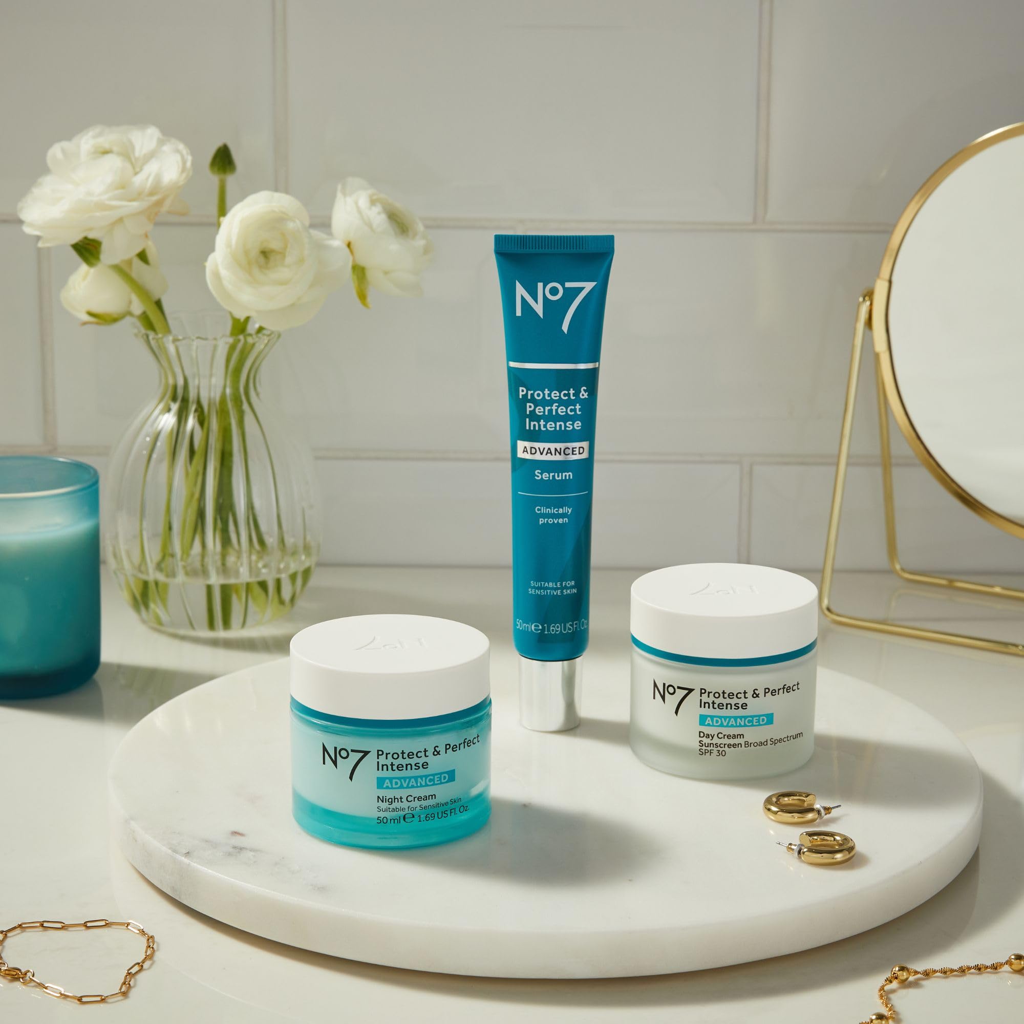 No7 Protect & Perfect serum texture swirl emphasizes anti-wrinkle tech and firming feel.