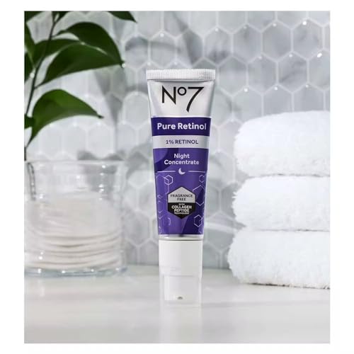 No7 Pure Retinol 1% Night Concentrate bottle close-up shows premium retinol formula.