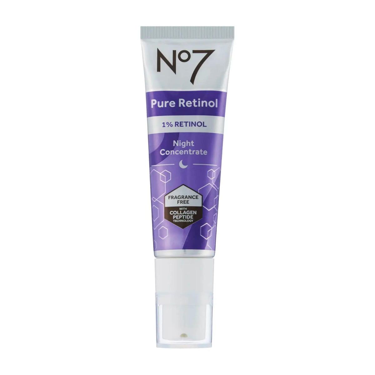 No7 Pure Retinol 1% Night Concentrate bottle front for nightly smoothing routine.