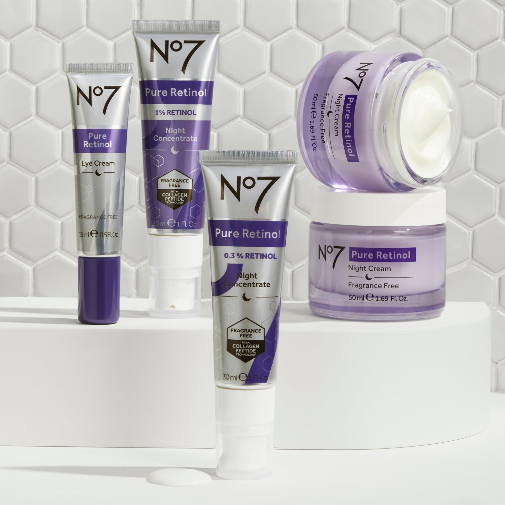 Bottle pump design enables precise nightly dosing for No7 Pure Retinol 1% Night Concentrate.