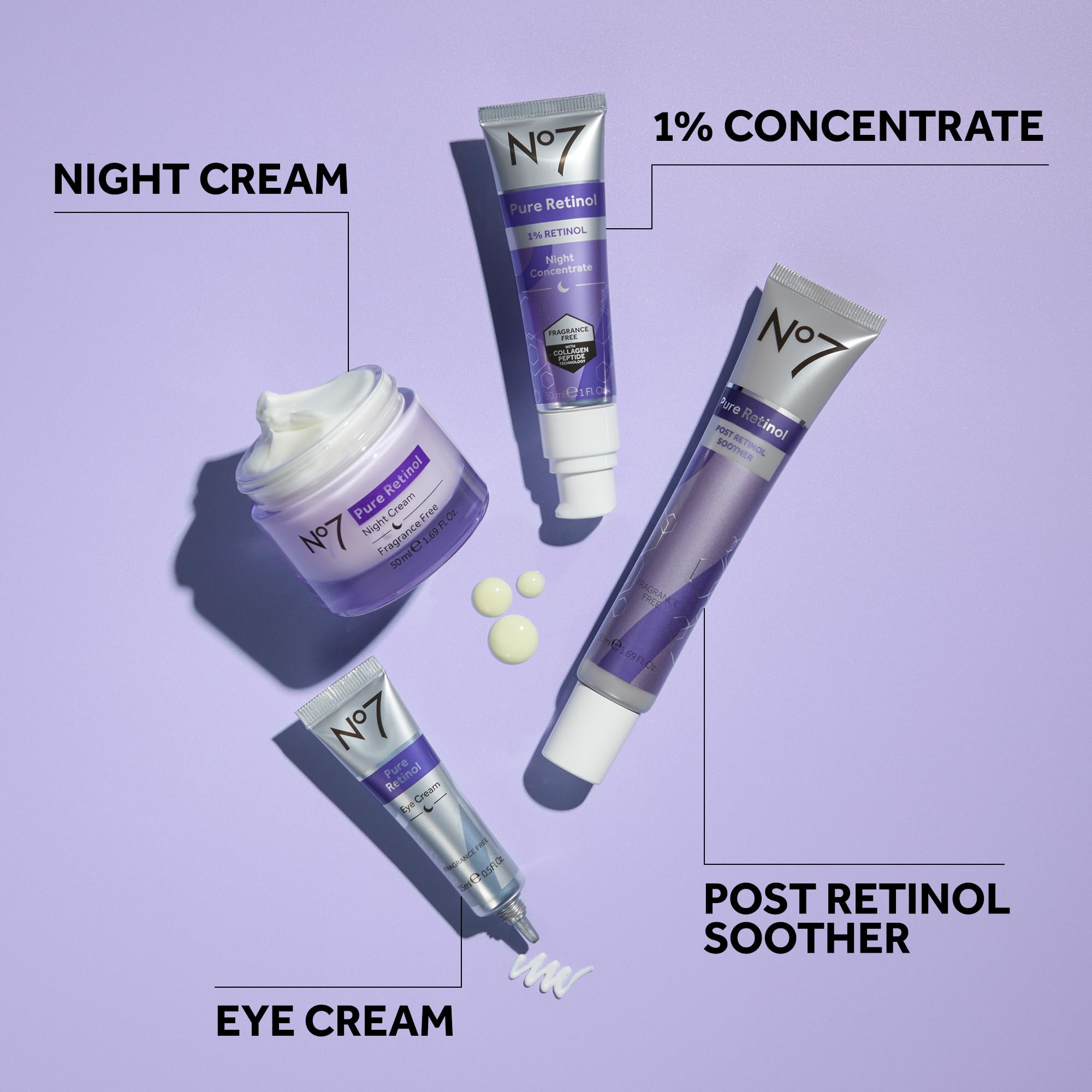 No7 Pure Retinol 1% Night Concentrate in a calming night routine setting.